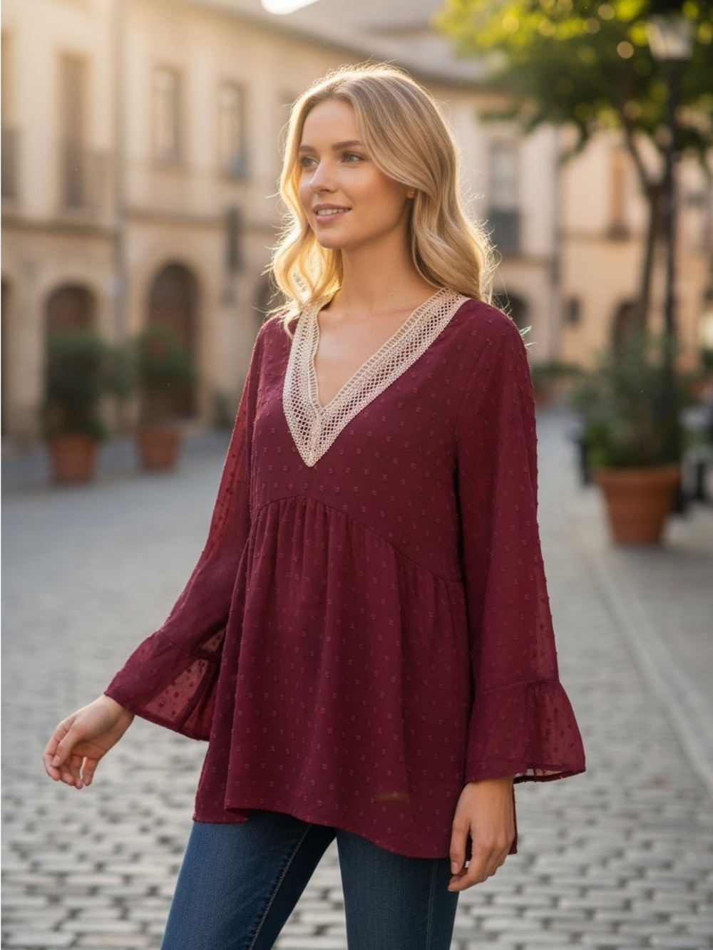 BloomChic Burgundy V-Neck Tunic with Cream Lace Trim